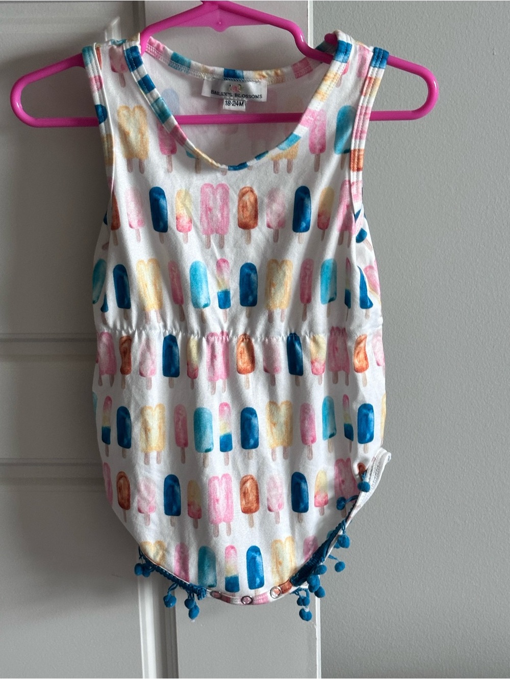 Bailey’s Blossoms Baby Girl 18-24 Months Popsicle Pom Pom Trim Summer Rompe